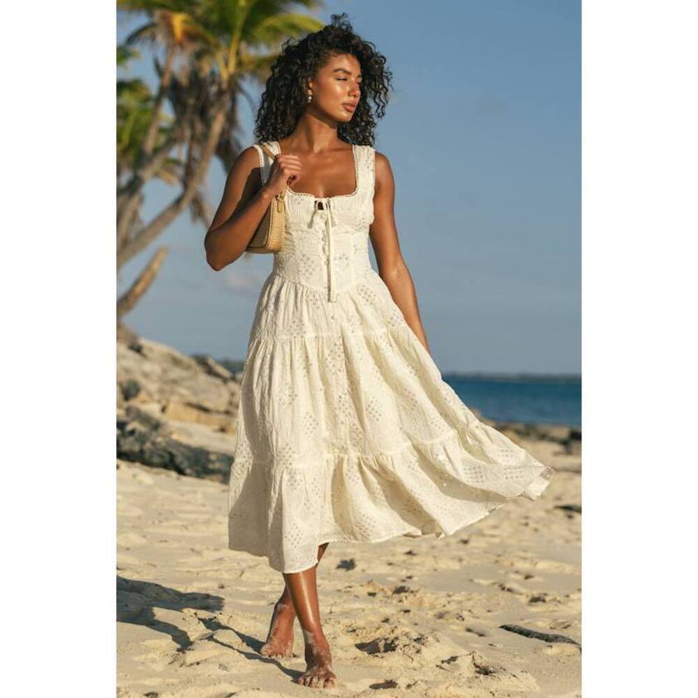 Lulus Antionette Cream Embroidered Sequin Button-front Midi Dress White - Size M